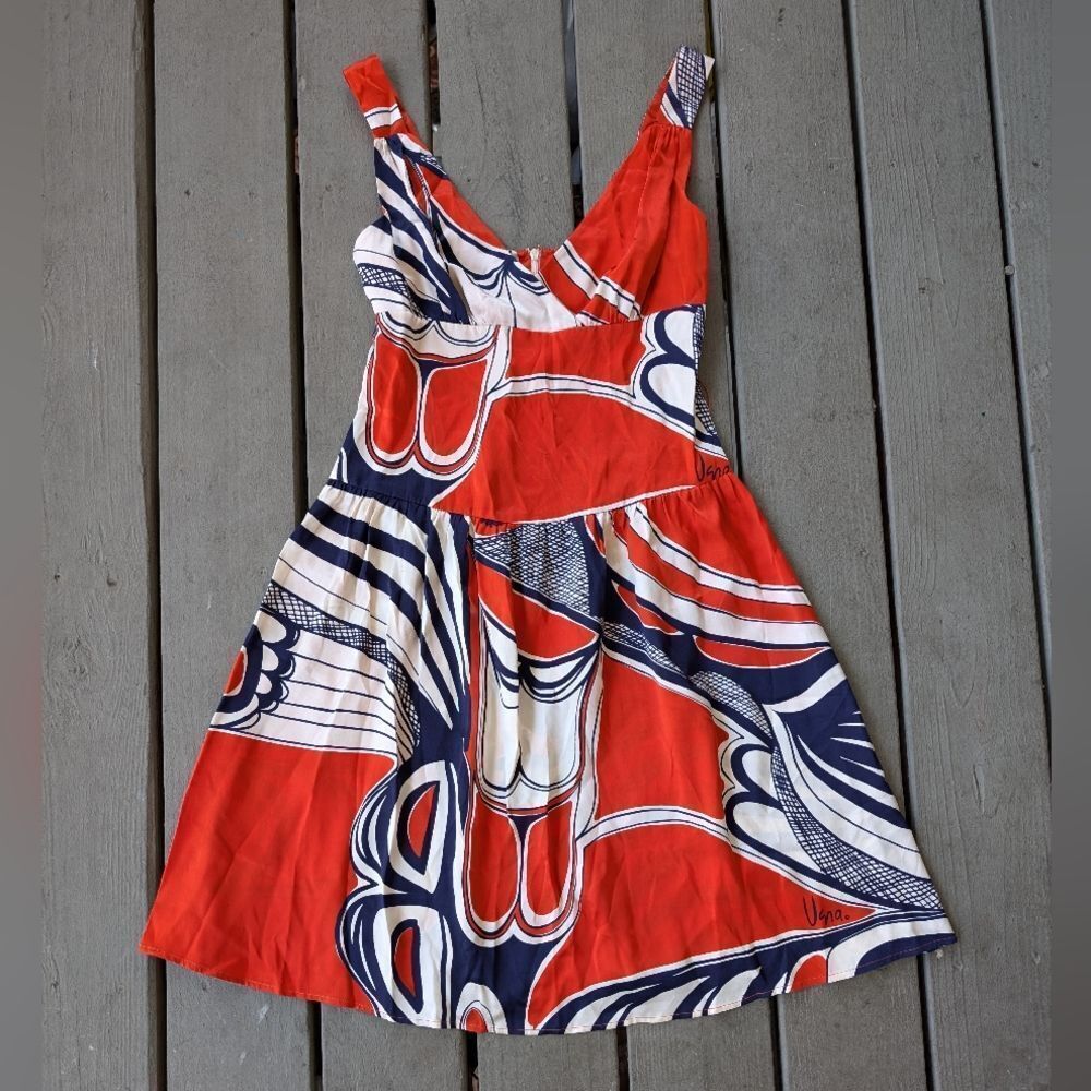 Vintage Vera Neumann Red Silk Geometric V-Neck Sleeveless Scarf Dress‎ Size 8